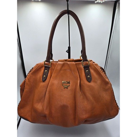 MCM Leather Satchel Handbag Purse Cognac Brown Top Handle Designer Bag - Picture 12 of 16